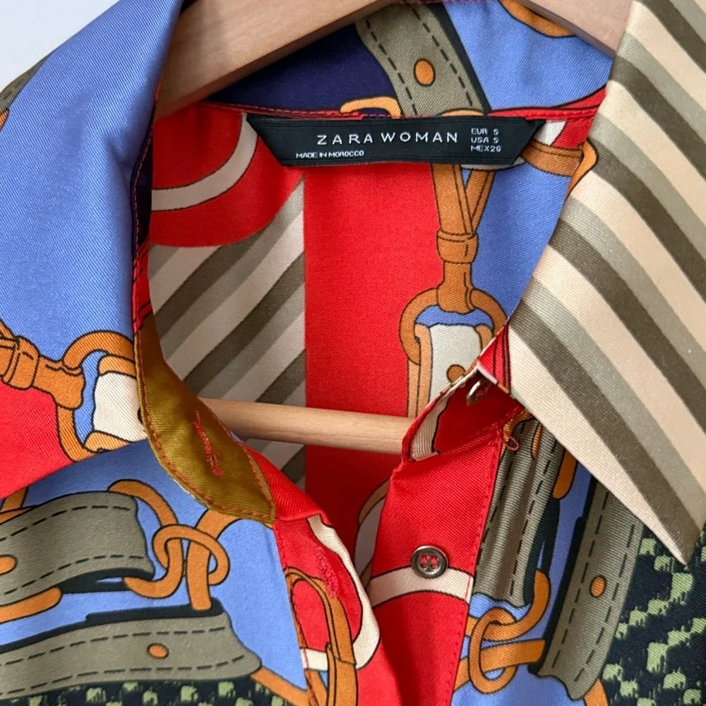 Zara Multicolor Button-Front Maxi Dress - Red, Olive & Blue